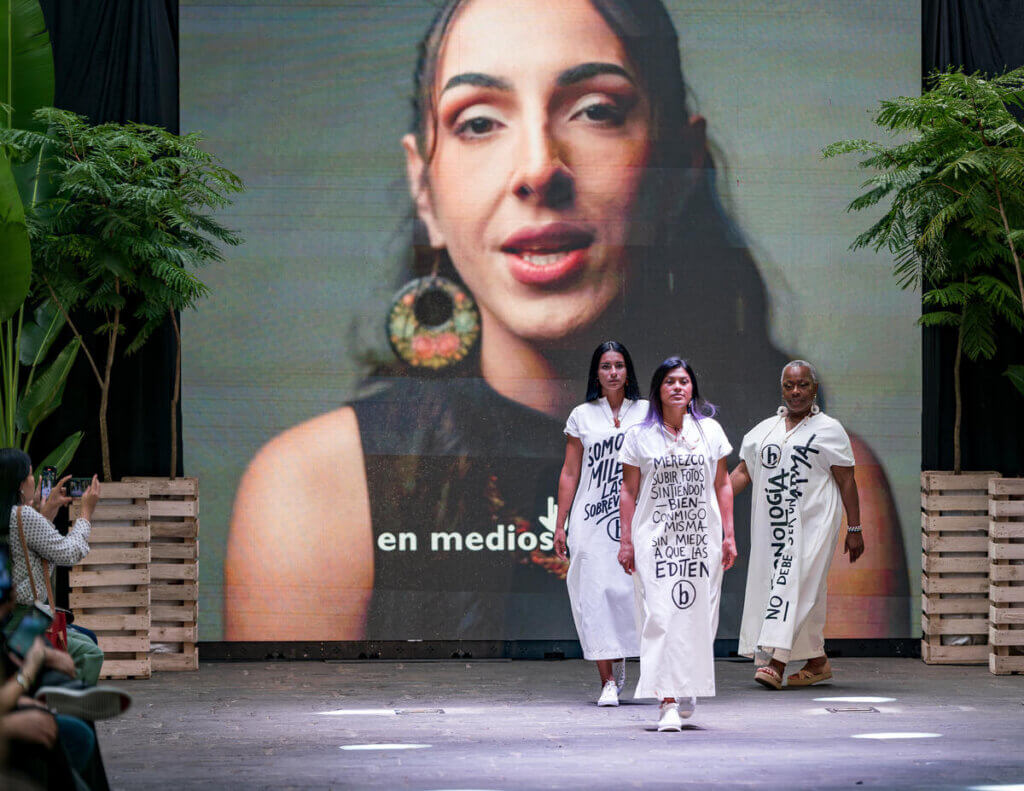 Models walk the runway, wearing UNFPA's Bodyright branding at Costa Rica Fashion Week.