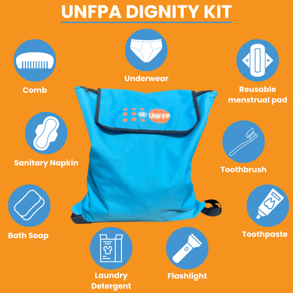 UNFPA Dignity Kits contain essential menstrual and hygiene products.